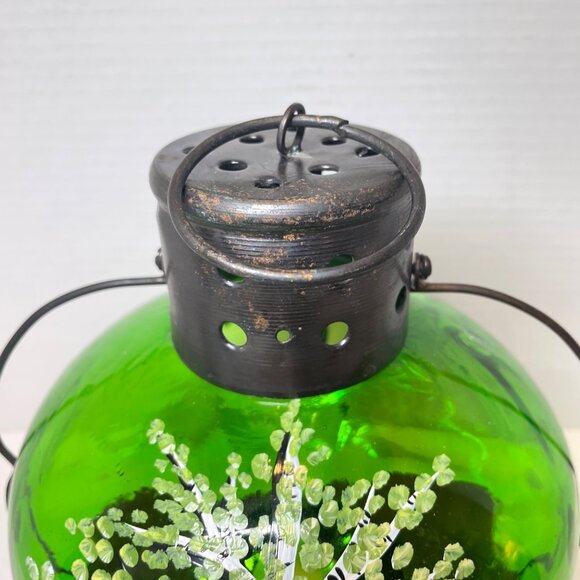 Hand-Painted Green Glass Lantern With Tree Design And Rustic Metal Top - Picture 3 of 10